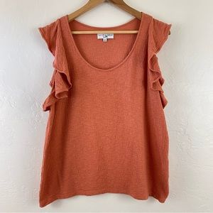 Madewell Size Medium Burnt Orange Ruffled Sleeve Scoop Neck 100% Cotton Blouse
